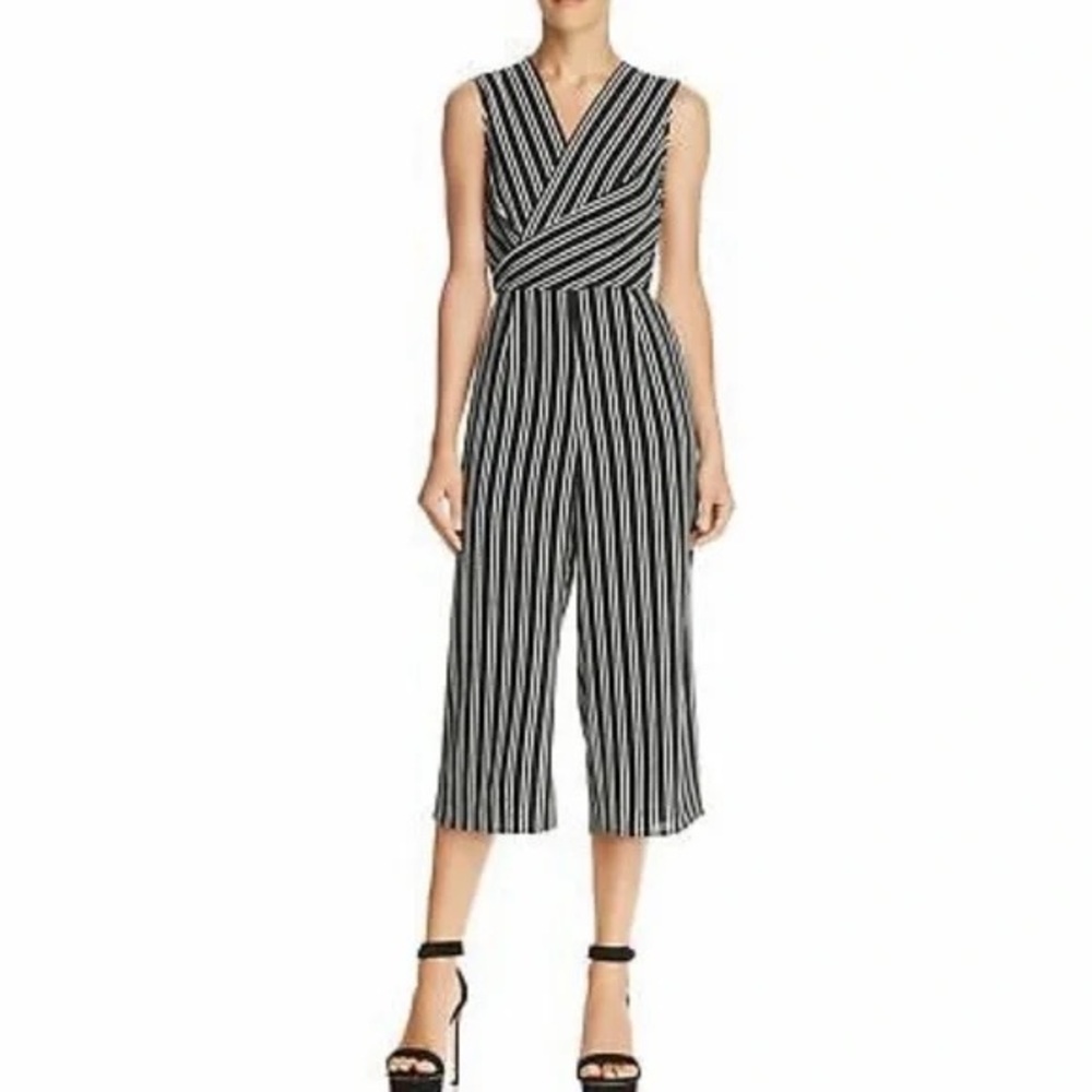 Aqua Black and White Striped Sleeveless Jumpsuit